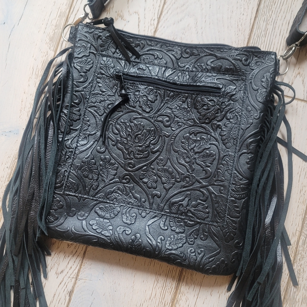 Calf Hair On Hide Hsndcrafted Leather XL Fringe Bag Embossed Aztec Western Vibes - Picture 3 of 9